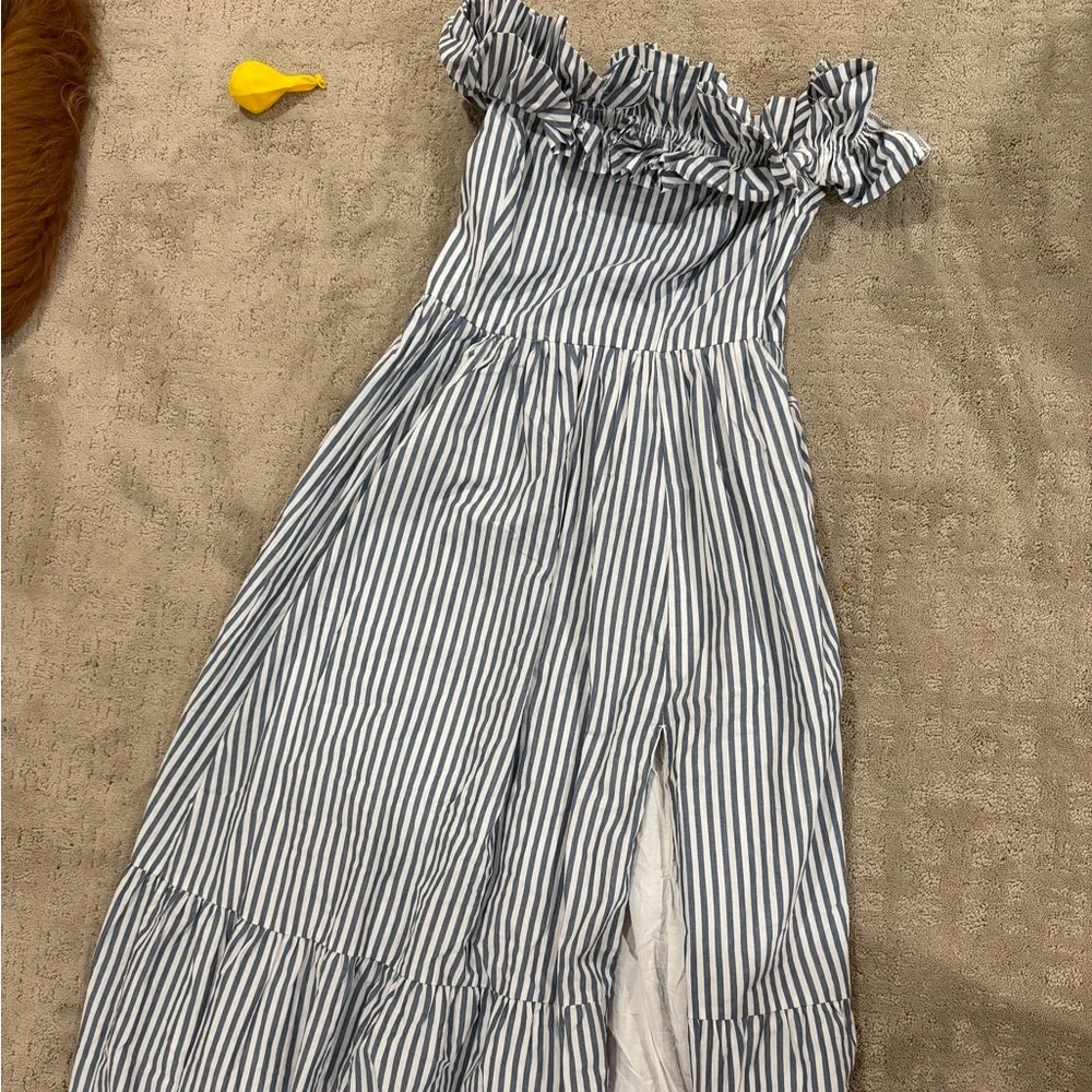 Blue and White Striped Off-Shoulder Maxi Dress